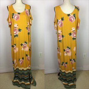 New!! Derek Heart Maxi Dress 3X Womens Plus Yellow Floral Cold Shoulder Stretch